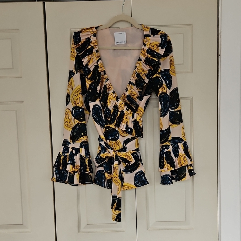 C/MEO Collective Black and Gold Ruffled Wrap Blouse